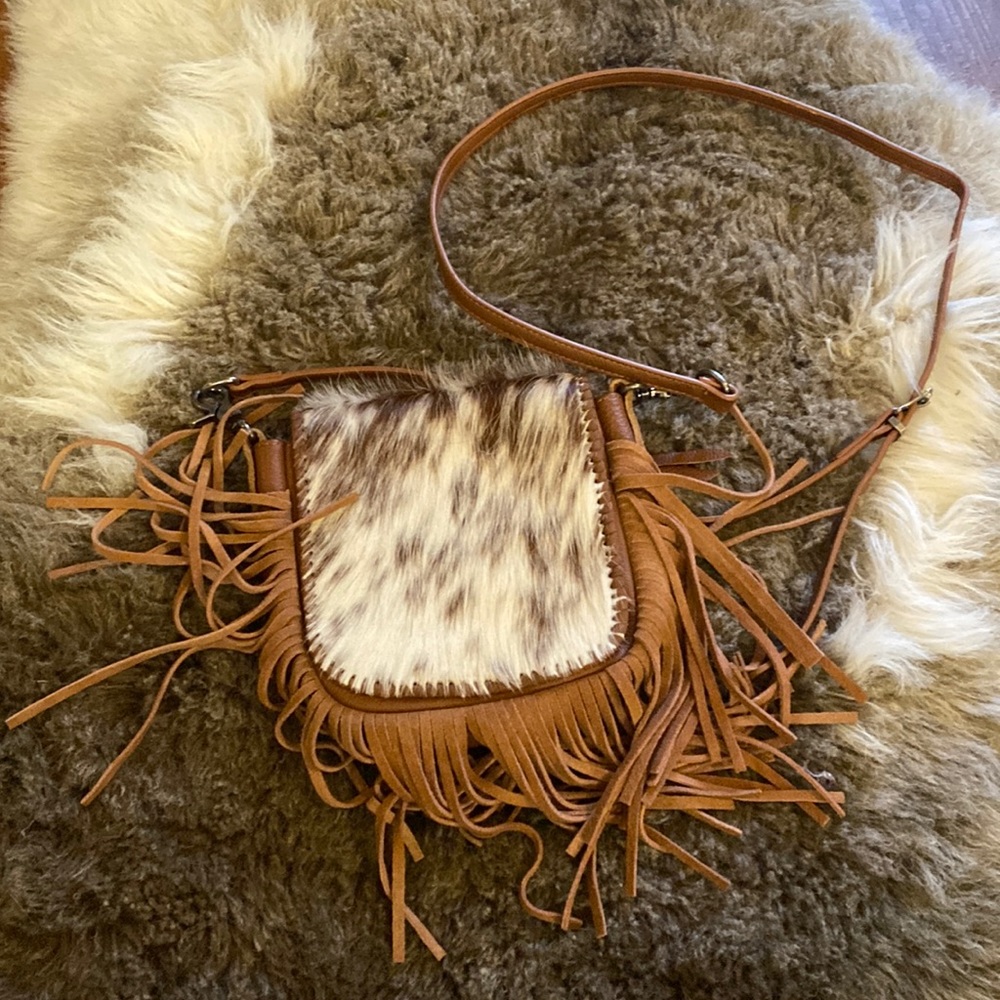 Faux cowhide leather fringe crossbody